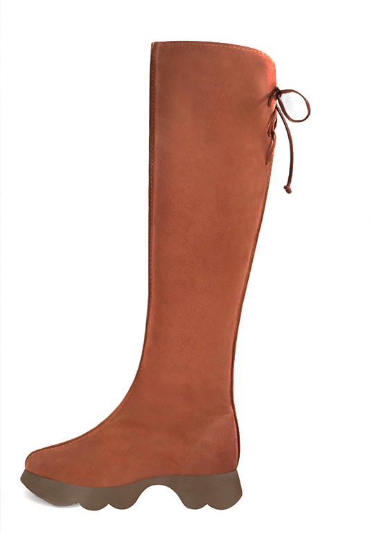 Terracotta orange women's knee-high boots, with laces at the back. Round toe. Low rubber soles. Made to measure. Profile view - Florence KOOIJMAN